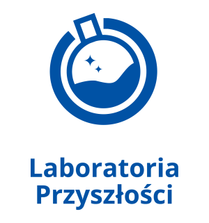 Logo: Kolba laboratoryjna i napis Laboratoria Przyszłości.